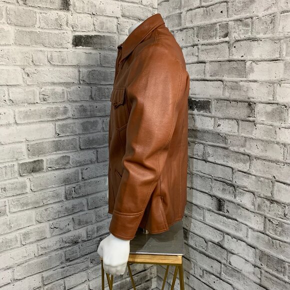 Vintage 70s Camel Faux Leather Shirt Jacket Retro Disco Collar Coat Shacket - Picture 6 of 13
